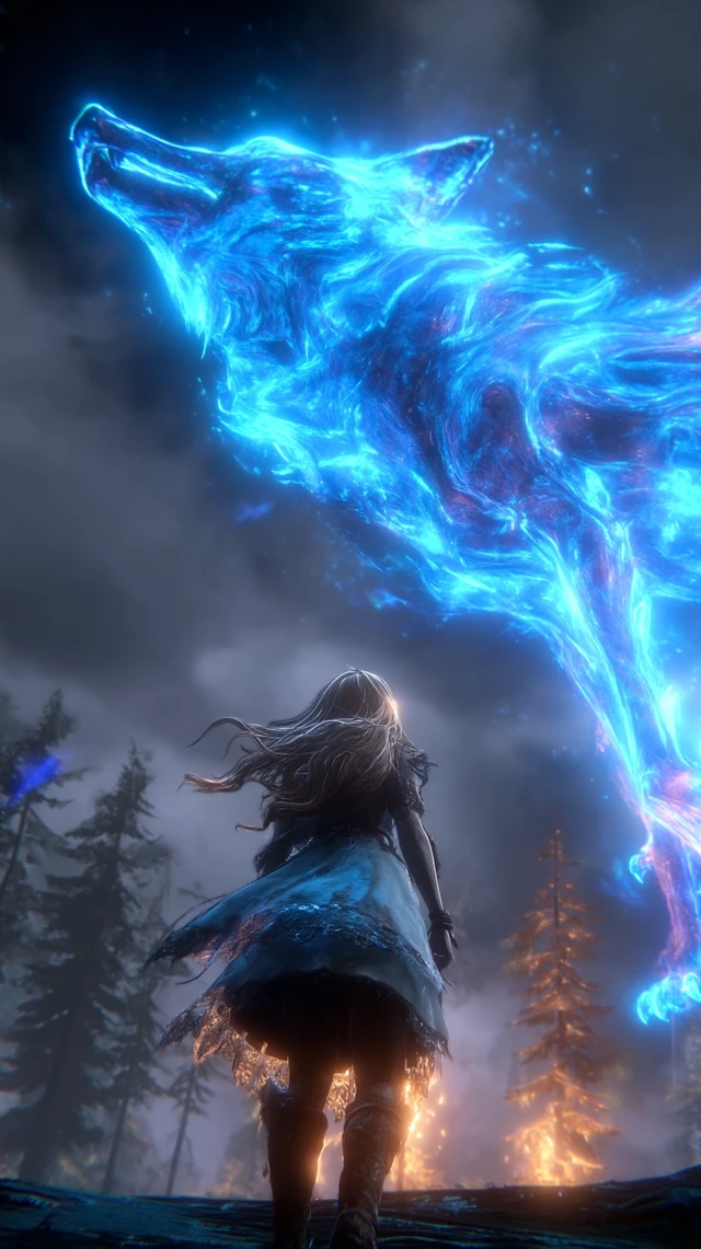 Girl and Glowing Wolf Fantasy Art