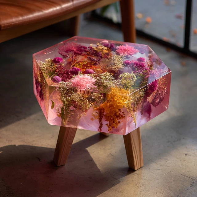 Pink Resin Side Table with Embedded Dried Flowers