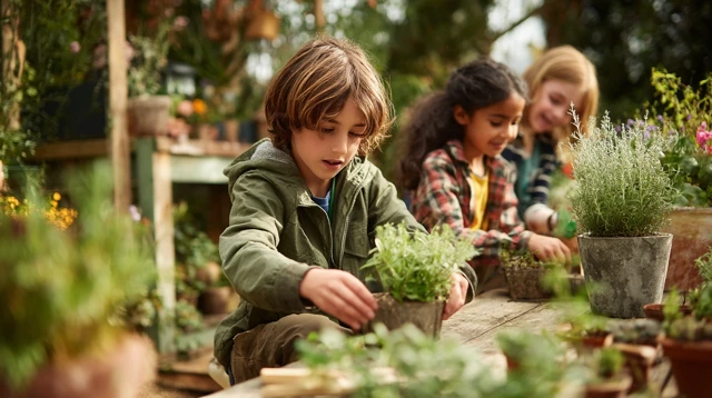 Children Arranging Plants Outdoor Living Space Design