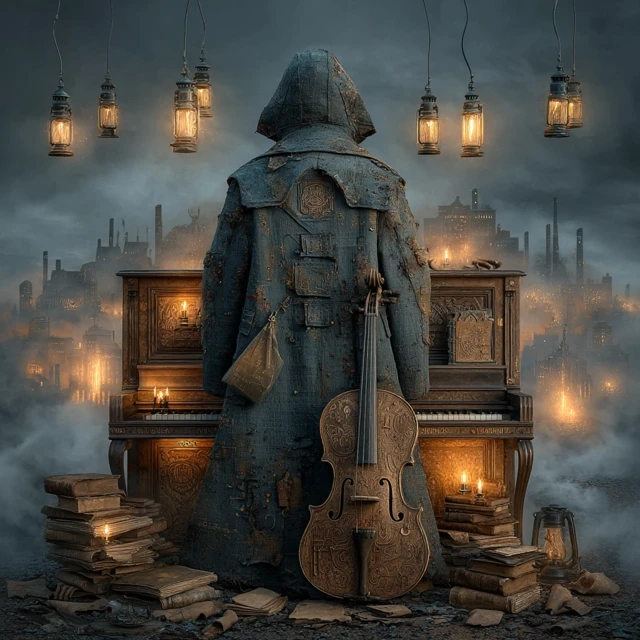 Mysterious Figure in Fog and Lanterns