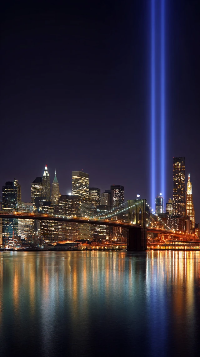 New York City Skyline at Night Brooklyn Bridge Memorial