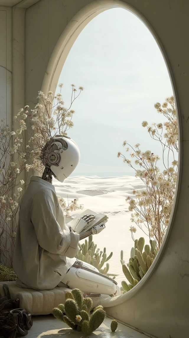 SciFi Robot Researching Alien Plant Minimalist Room