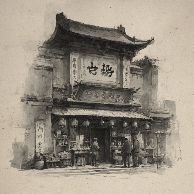 Ancient Chinese Pawn Shop Ink Wash Art