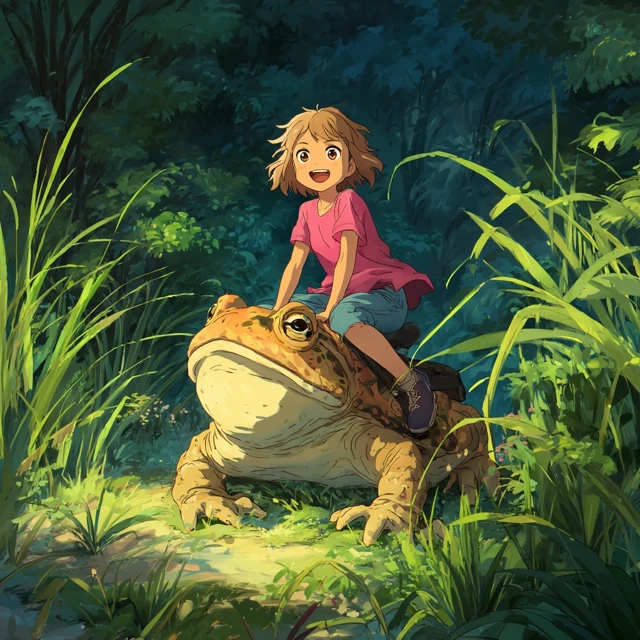 Girl Riding Toad Forest Miyazaki Ghibli Style