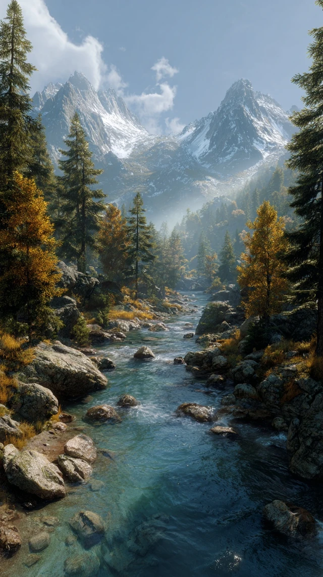 Alpine Landscape River Forest Mountains Autumn