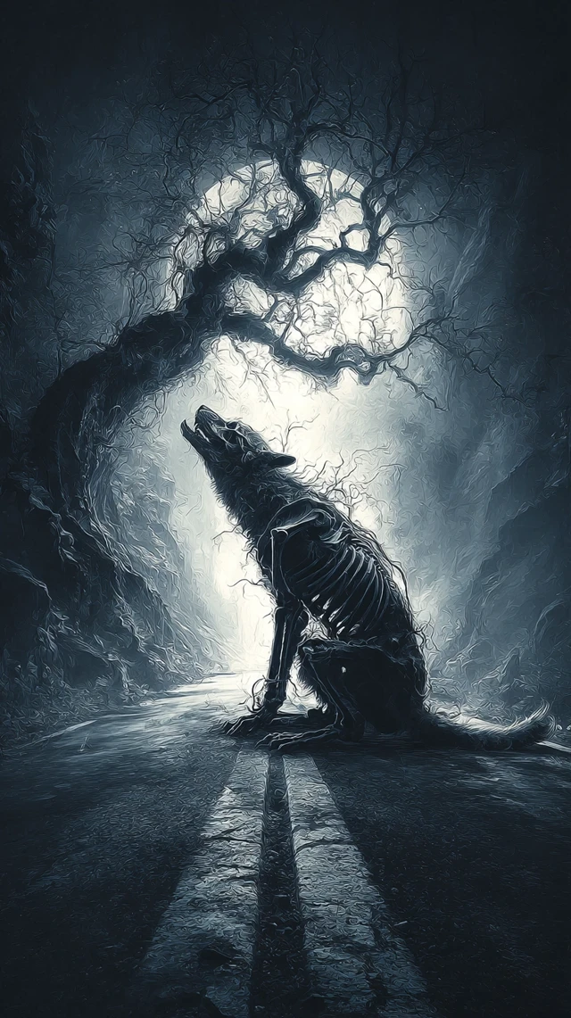 Eerie Road at Night Spooky Wolf Skeleton