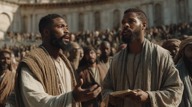 Ancient Scene Two Men Preaching to a Crowd