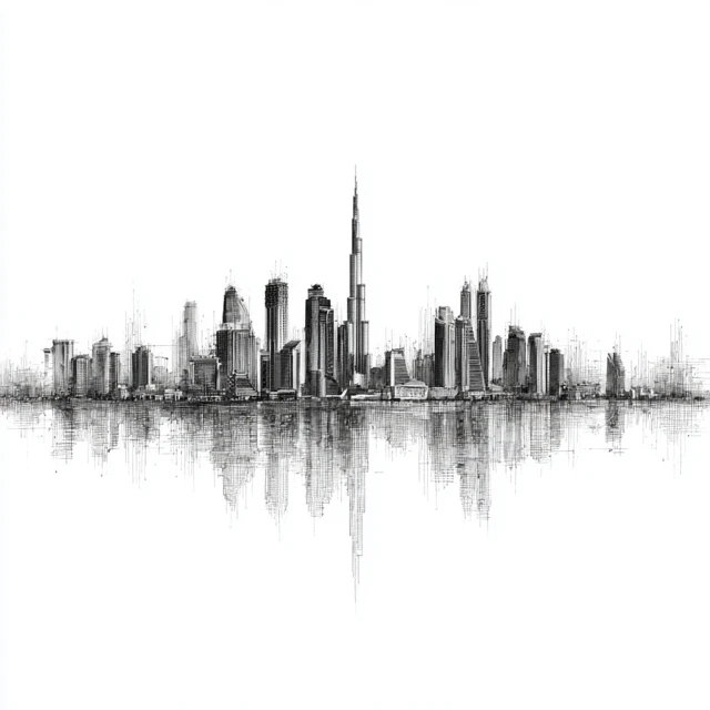 Dubai Skyline Pencil Sketch Architectural Rendering