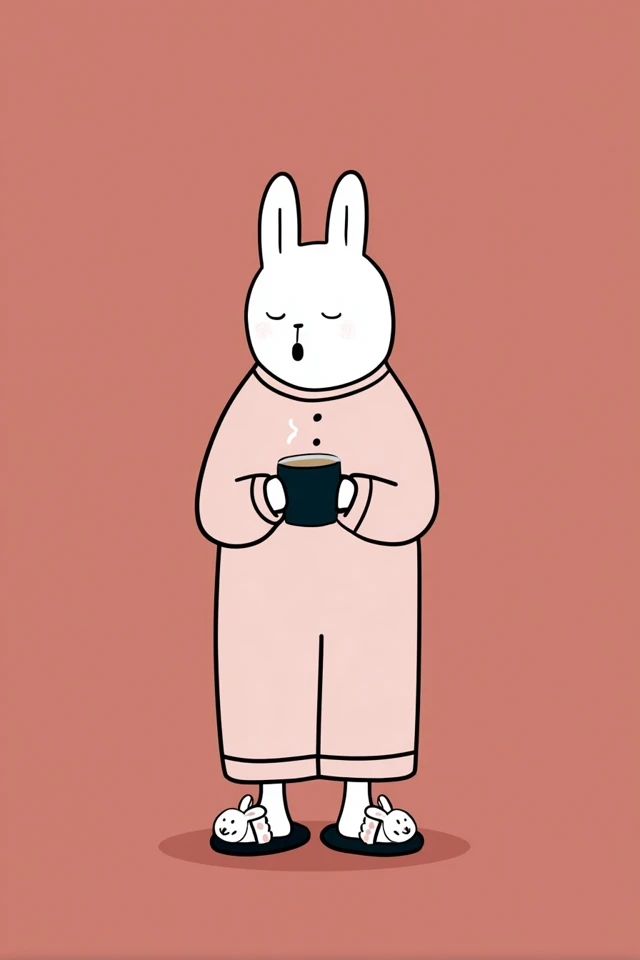Sleepy Cat in Pajamas with Coffee Illustration