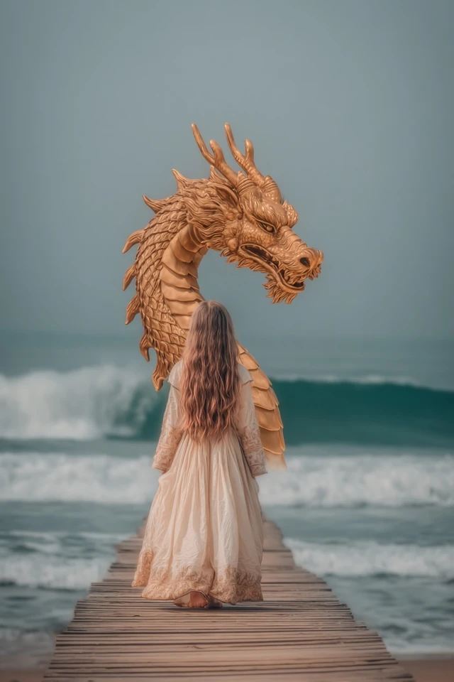 Woman Dragon Pier Surreal Water Scene