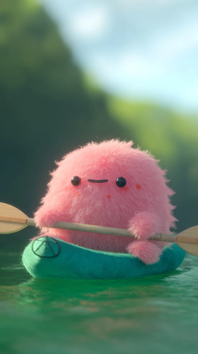 Cute Pink Monster Kayaking in Dreamy Lake