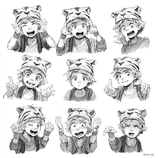 Cute Boy with Tiger Hat in Various Poses and Expressions