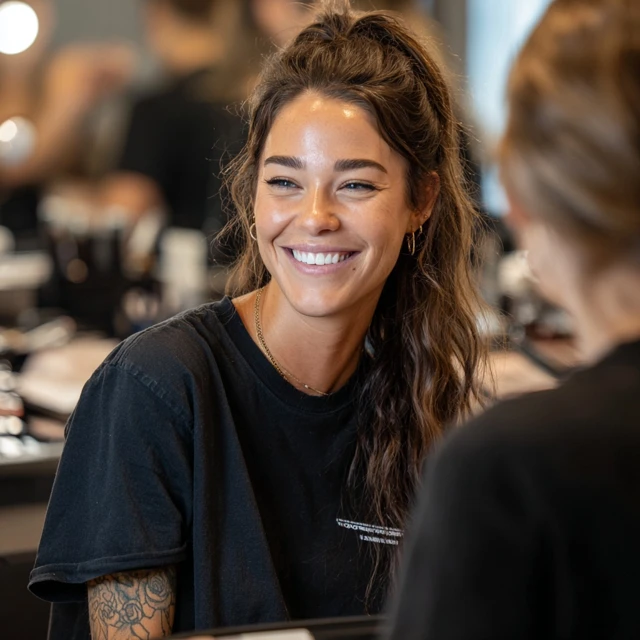 Makeup Artist Smiling at Work with Client
