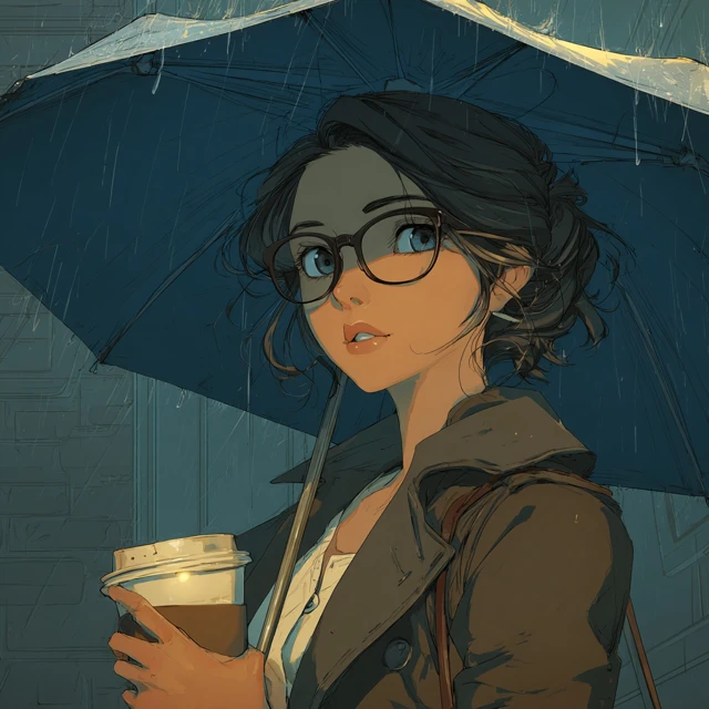 Rainy Day Illustration Woman with Umbrella and Coffee