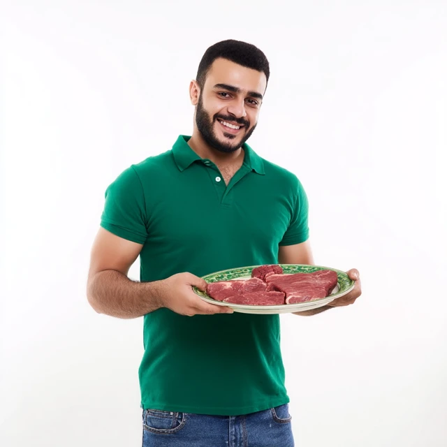 Arabian Man Smiling Holding Raw Meat