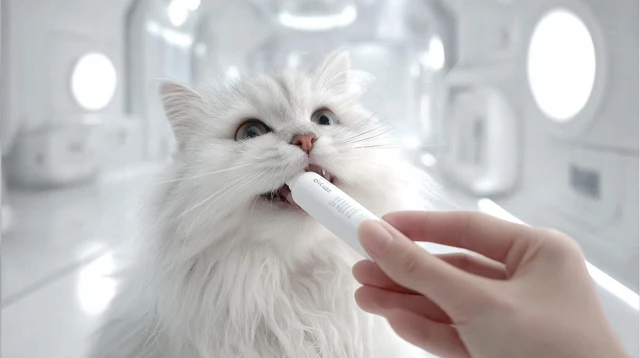 Happy Cat Eating Churu Supplement Hyperrealistic Photo