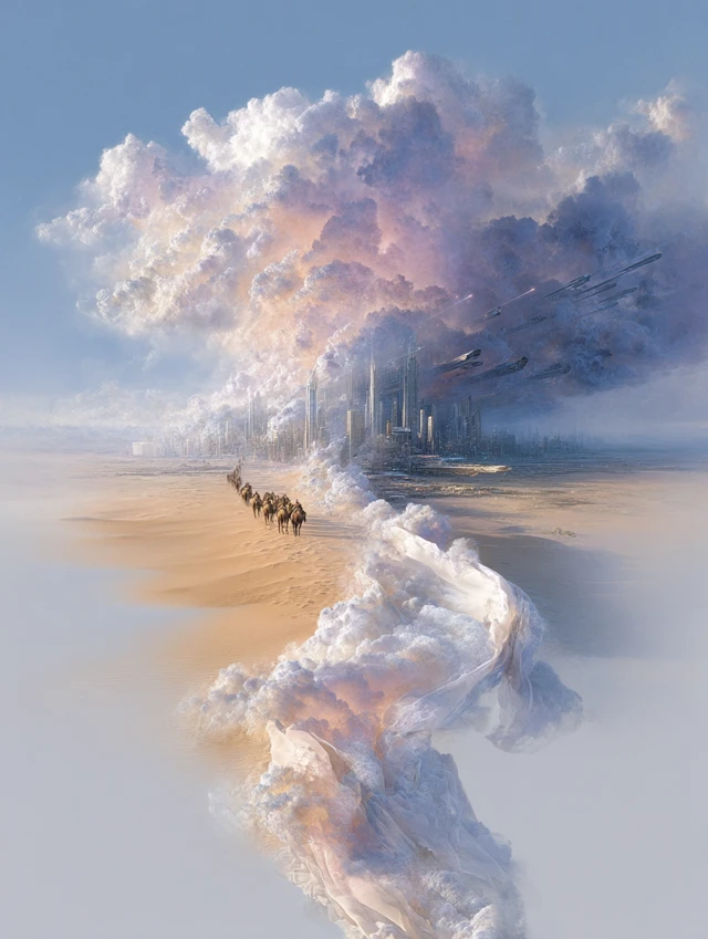 Silk Road through Time: Ancient Caravan Meets Futuristic City
