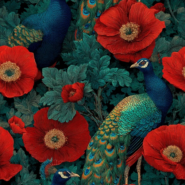 Peacock and Poppy Textile Design Decorative Art