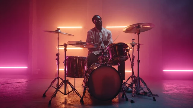 Jazz Drummer in Neon Lights 80s Style