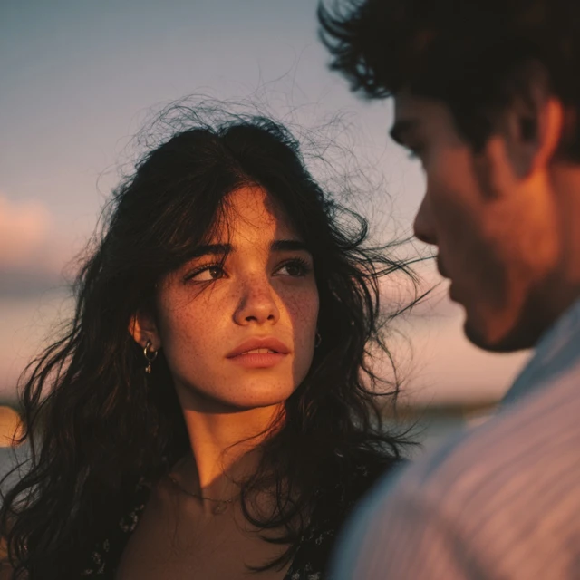 Romantic Sunset Encounter Young Woman and Man