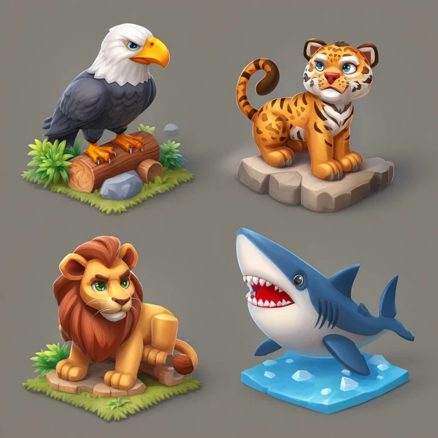 3D Cartoon Animals: Eagle, Panther, Shark