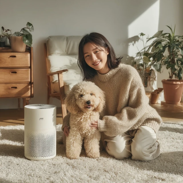 Woman with Puppy in Bright Modern Living Room