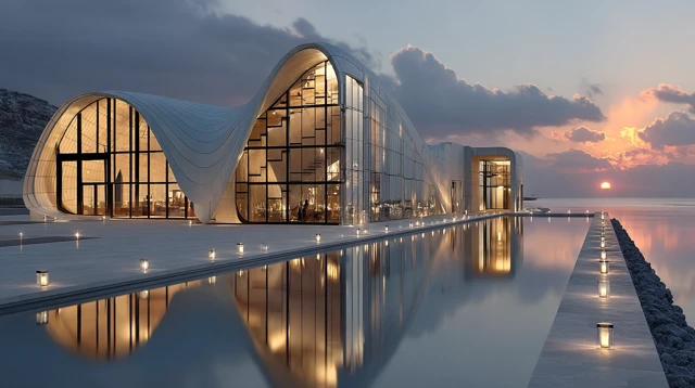 Futuristic Museum Design Glass Steel Sunset