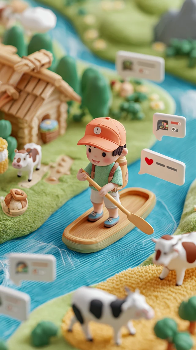 Cute Oriental Boy Paddling in 3D Landscape