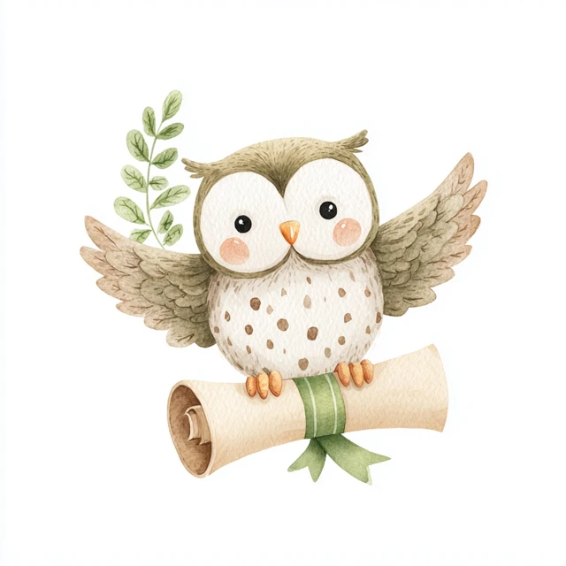Cute Watercolor Owl with Scroll Halloween Illustration