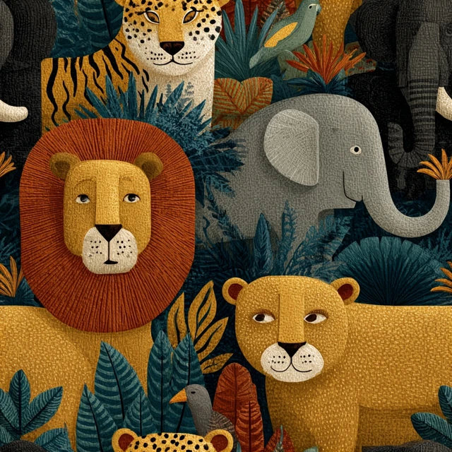 Anime Safari Pattern with Lion Cheetah Tiger and Elephant