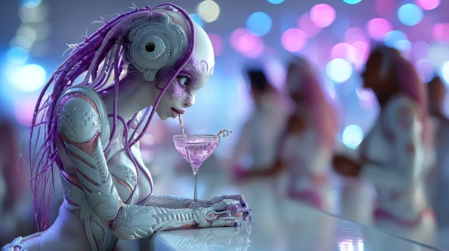 Alien Girl at Bar Drinking Martini