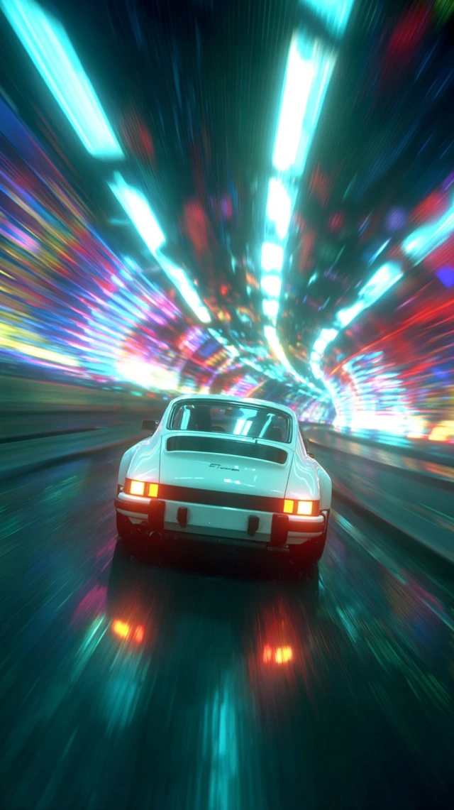 Retro Sports Car in Neon Tunnel Time Travel
