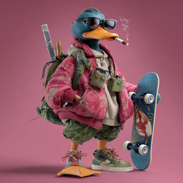 Ninja Duck on Skateboard Cool 3D Render
