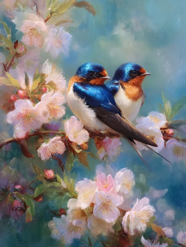 Romantic Bird Painting Swallows on Blossoms
