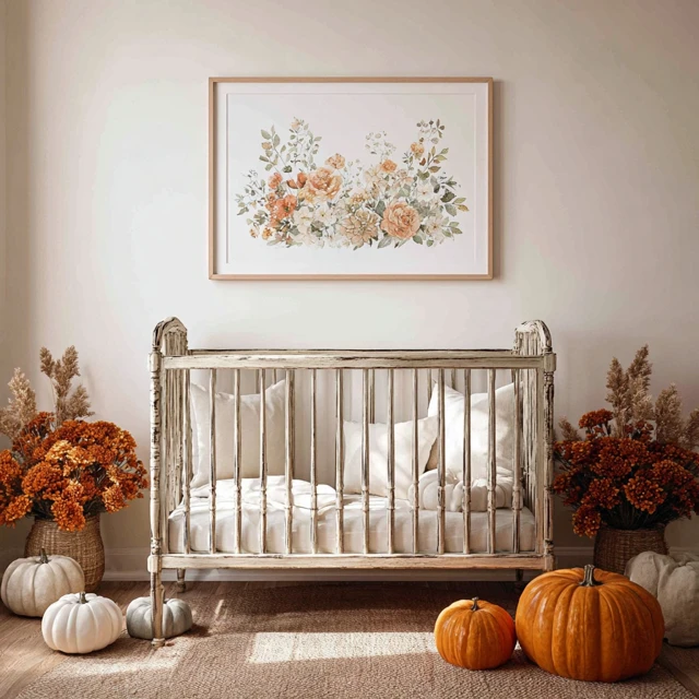 Watercolor Baby Crib with Autumn Florals