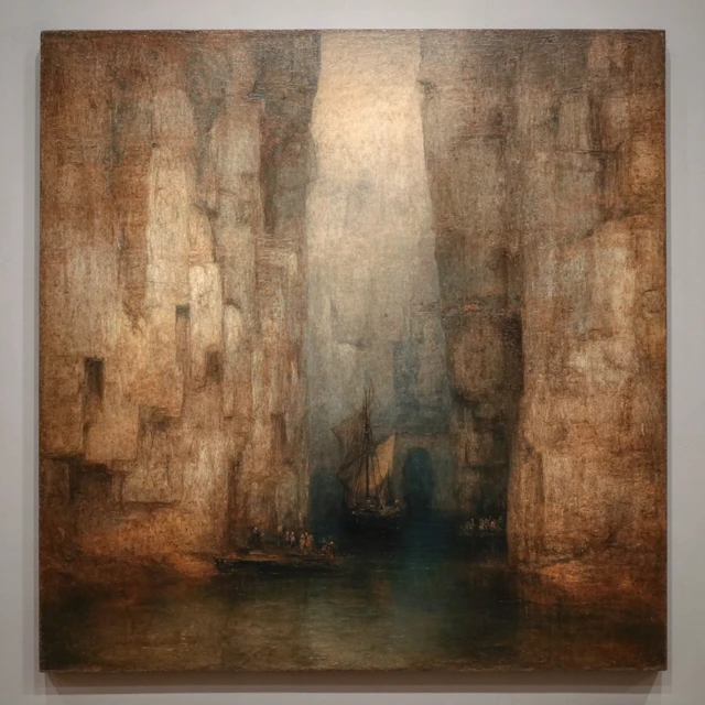 Harbour in a Cave Arnold Bocklin Style Oil Painting