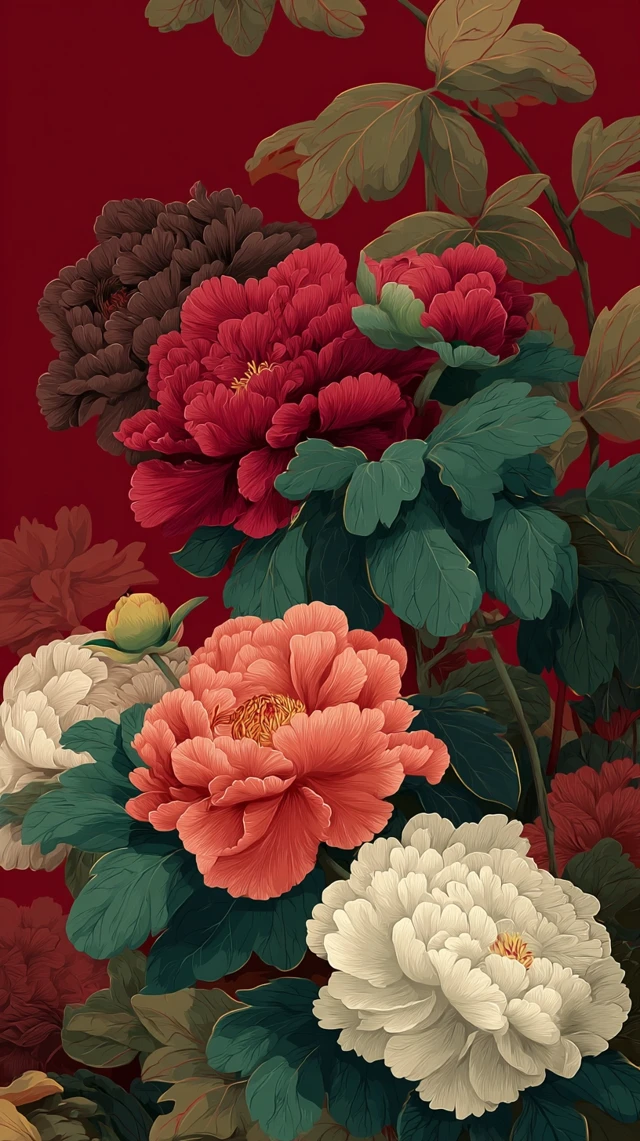 Chinese Peonies Red Gold Floral Painting Wallpaper