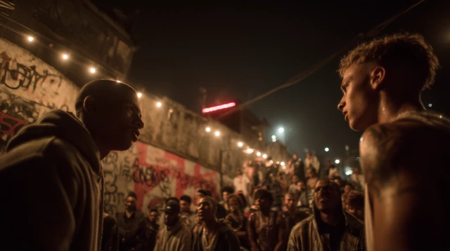 Favela Confrontation Neon Night Gritty Urban Scene