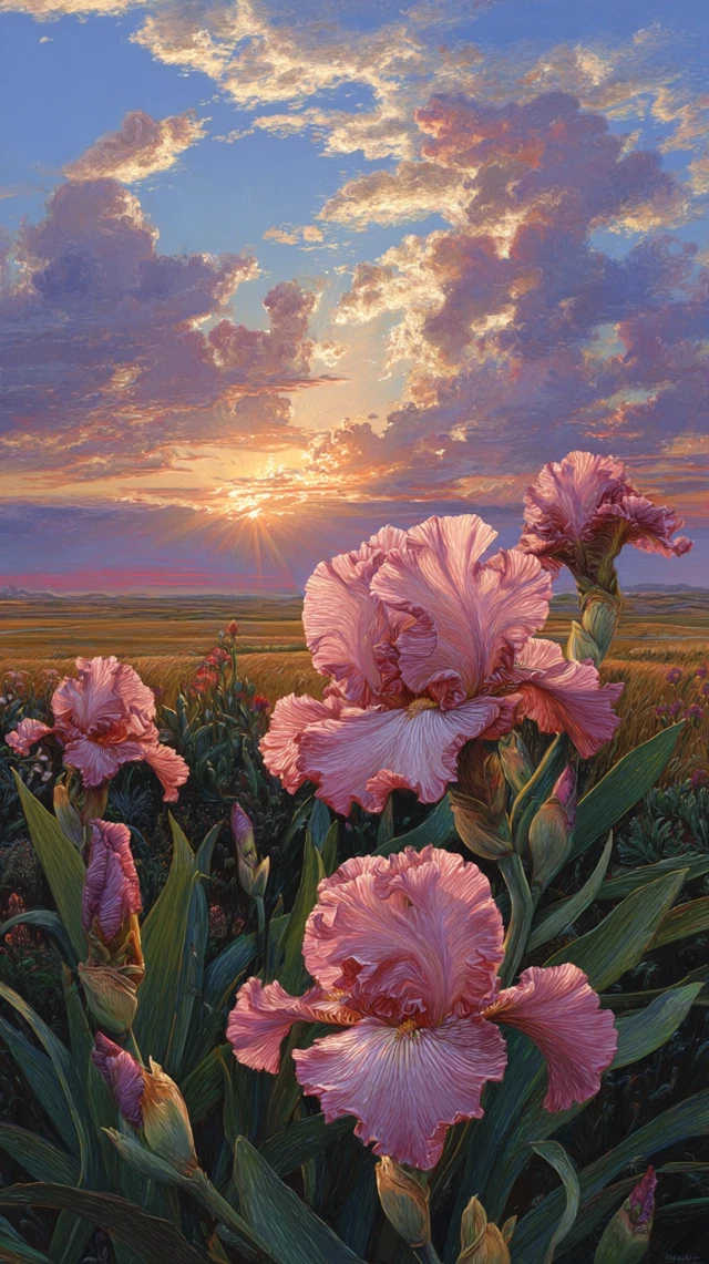 Sunset Iris Field Painting Nature Art