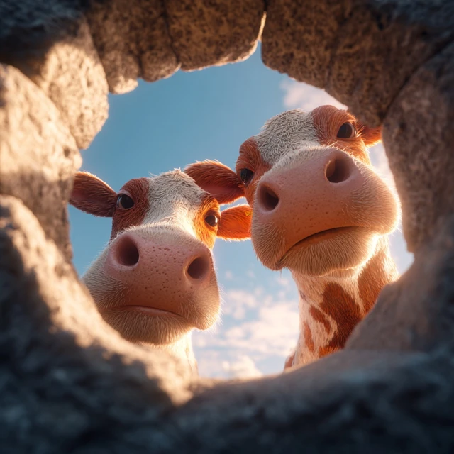 Curious Cows Through a Stone Frame 3D Cartoon