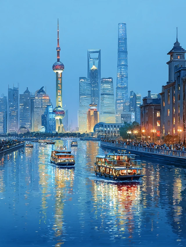 Shanghai Skyline Dusk Painting Oriental Pearl and Bund