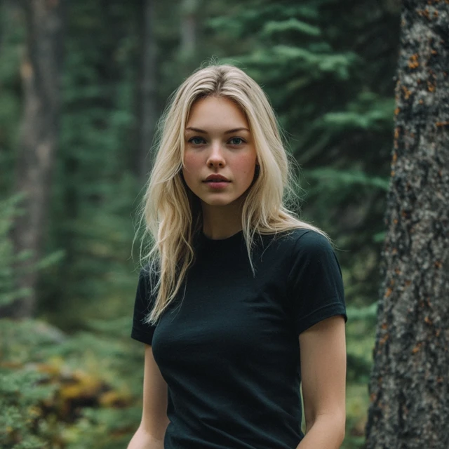 Blonde Girl in Black T-shirt in Montana Forest