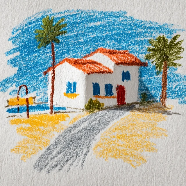 Hotel and Pool Crayon Drawing