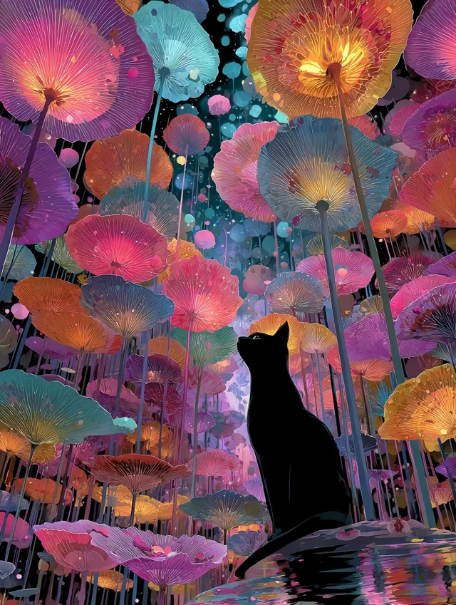 Cat in Glowing Flower Field Fantasy Art