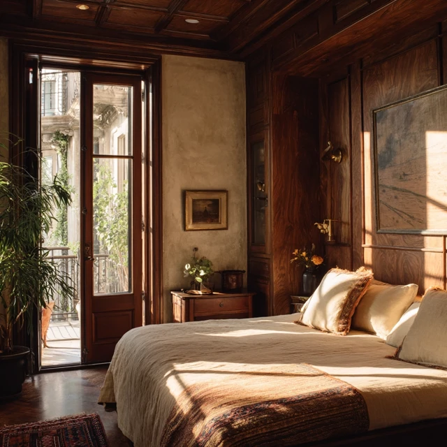 Cozy Bedroom Interior with Warm Colors and Wood Texture