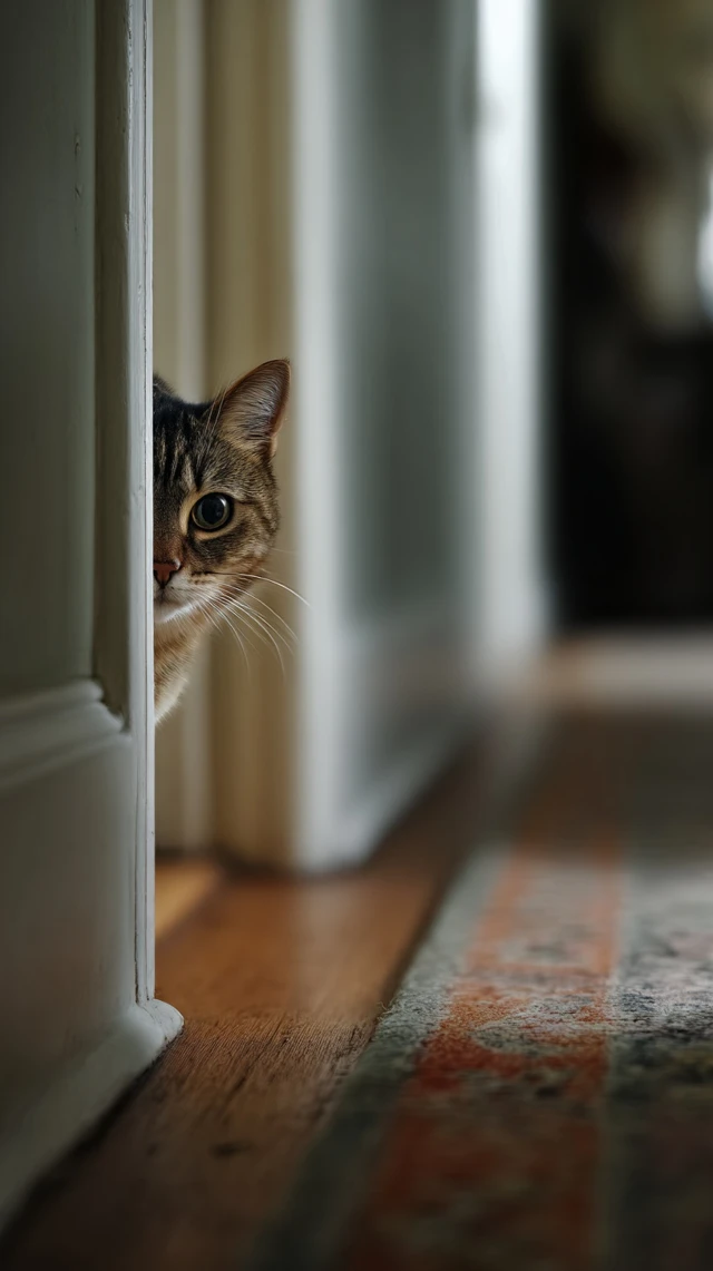Curious Cat Peeking Down the Hall