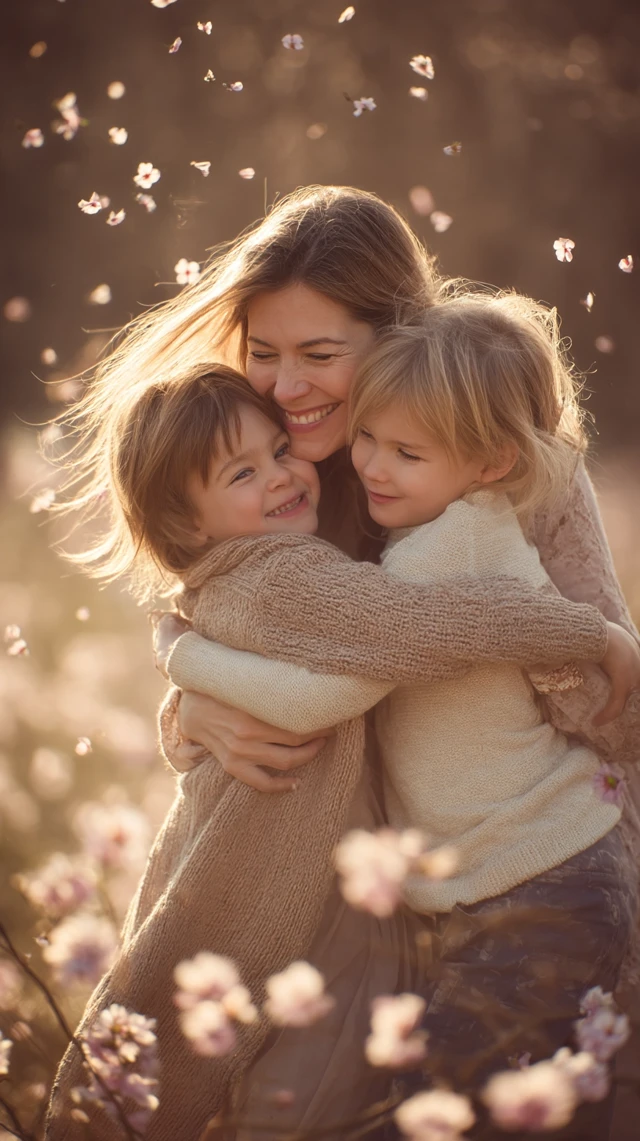 Loving Mother and Children Embrace Outdoors in Golden Hour
