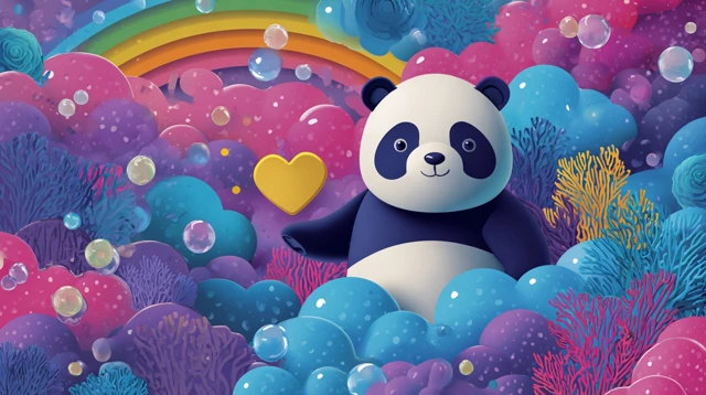 Cute Panda Cartoon Design Love Bubbles Rainbow