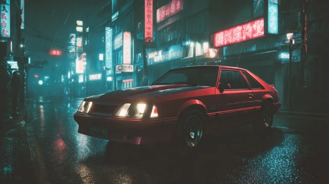 Retro Sports Car in 80s Futuristic City Neon Lights