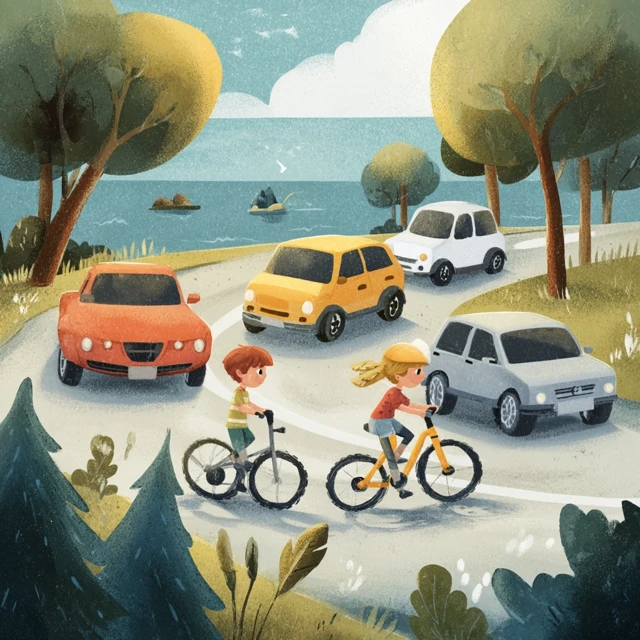 Children Cycling Near Cars Illustration